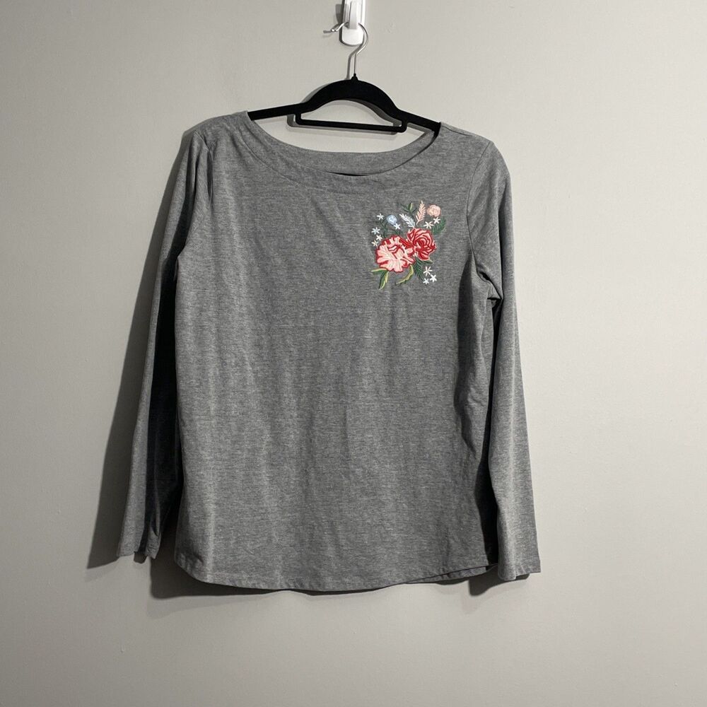St. John’s Bay Women’s L Gray Floral Embroidered Boat Neck Top Soft Cottagecore